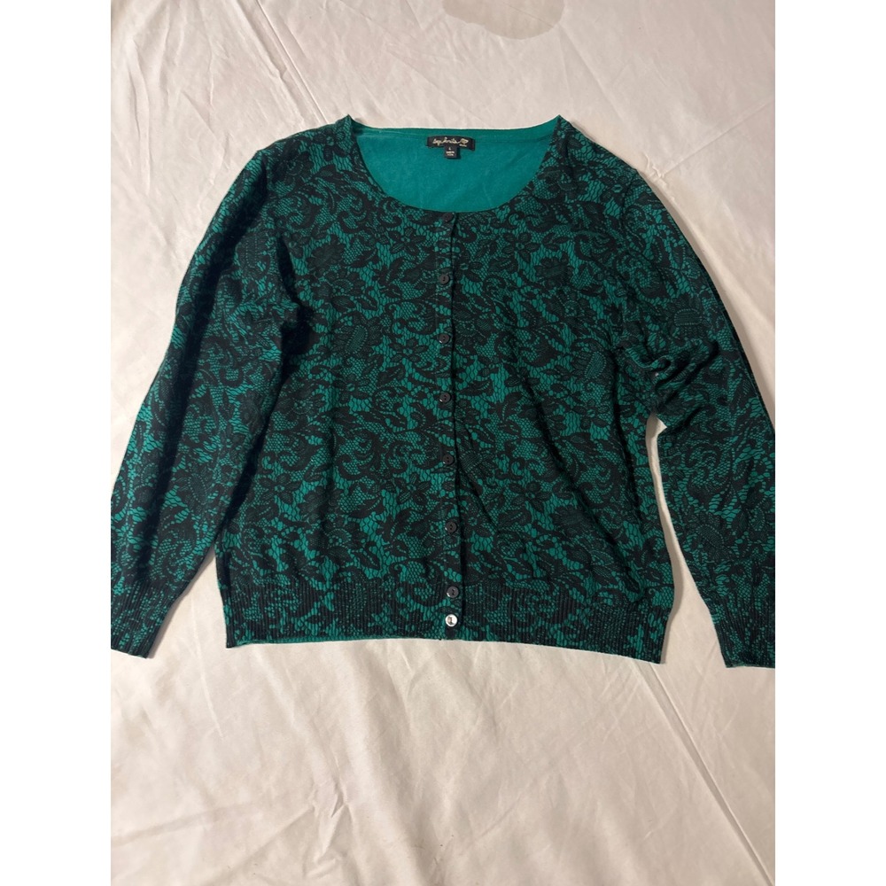 Top Knits Cardigan Womens Large Green Black Lace Print Excellent Button Front L